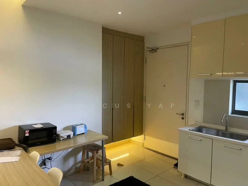 Room features: white painted walls, tile flooring, wooden door, kitchenette with sink, stainless-steel sink, single-bowl sink, built-in cabinetry, microwave, small dining table, stool, window, recessed lighting; style: modern.