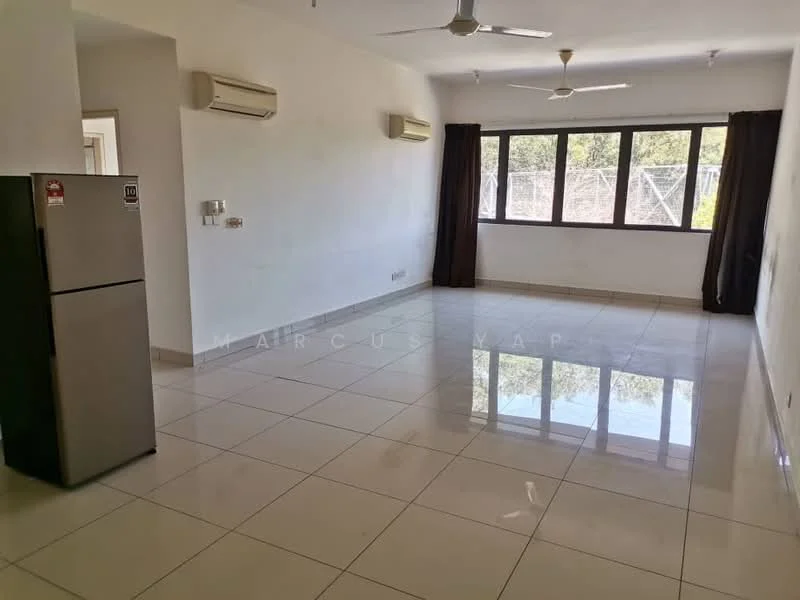 Living features: white painted walls, glossy ceramic tile flooring, 2 wall-mounted split AC units, 5-blade ceiling fan, large windows with dark curtains, neutral color scheme, no visible furniture, open layout; style: modern; view: garden.