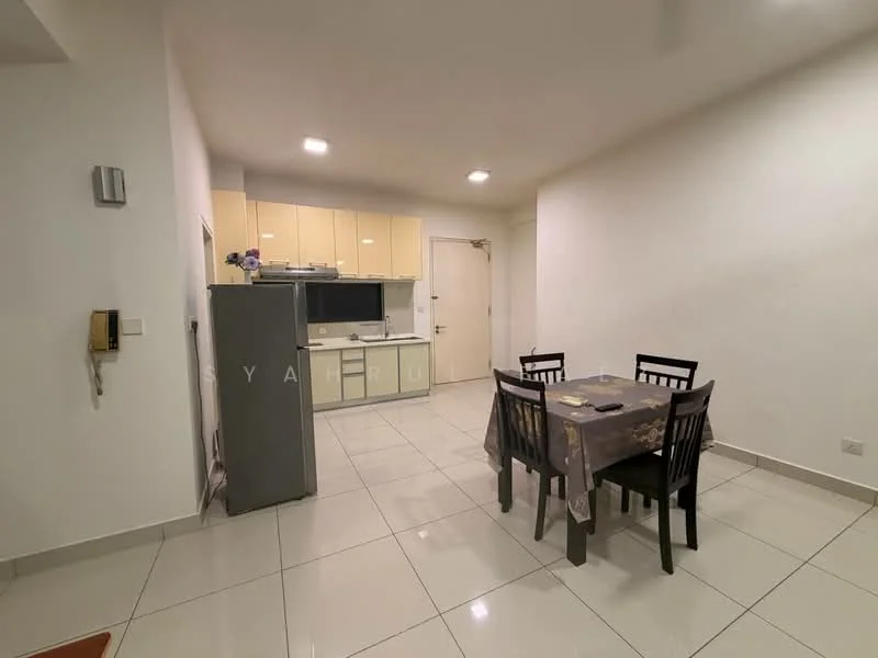 Kitchen features: white cabinetry, black countertop, built-in oven, stainless-steel fridge, ceramic tile flooring, white walls, recessed downlights; style: modern. Dining features: 4-seater dining table, black dining chairs, tablecloth with floral pattern, ceramic tile flooring, white walls, recessed downlights; style: modern.