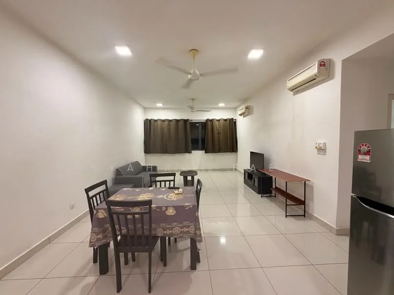 Living features: white painted walls, glossy ceramic tile flooring, 5-blade ceiling fan with light, 2 wall-mounted split AC units, large windows with dark curtains, sofa in grey fabric, dining table with 4 black chairs, TV console with wall-mounted TV, refrigerator in stainless steel; style: modern.