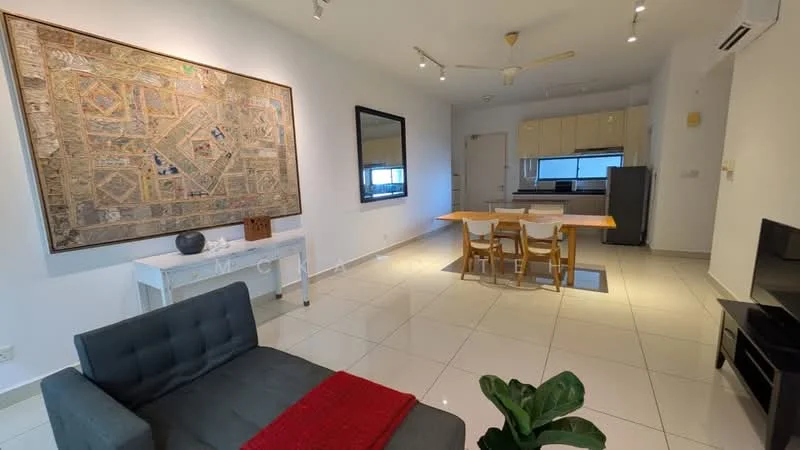 Living features: grey fabric sofa, red throw blanket, white painted walls, recessed downlights, ceiling fan, large framed artwork, black framed mirror, tile flooring, dining table with wooden top, 4 wooden dining chairs, TV console, wall-mounted TV, indoor plant; style: modern. Kitchen features: white cabinetry, stainless-steel fridge, open-plan layout, countertop with space for appliances; style: modern.