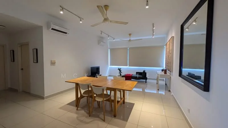 Dining features: dining table with wooden surface, 3 wooden dining chairs, white walls, recessed downlights, 2 wall-mounted split AC units, floor-to-ceiling windows with roller blinds, grey sofa, TV console, wall-mounted TV, decorative plant in ceramic pot, large mirror on wall, polished tile flooring; style: modern.