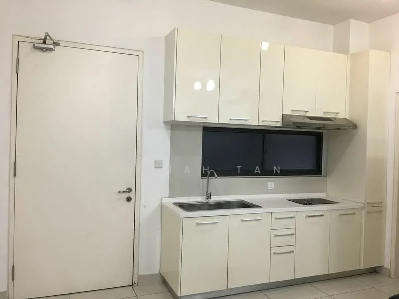 Kitchen features: white cabinetry with flat-panel doors, stainless-steel sink, chrome pull-down faucet, built-in stove, exhaust hood, grey countertop, tile backsplash, wall-mounted window, light fixtures, ceramic tile flooring; style: modern.
