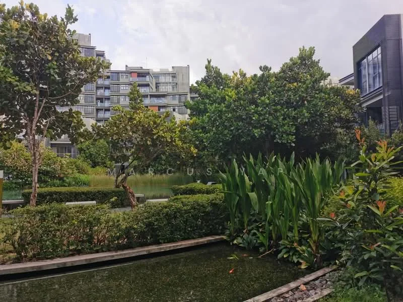 Exterior type: landscape garden; features: manicured lawn, mature trees, tropical landscaping, pond with water plants, stone-paved walkway, surrounded by residential buildings; style: modern.