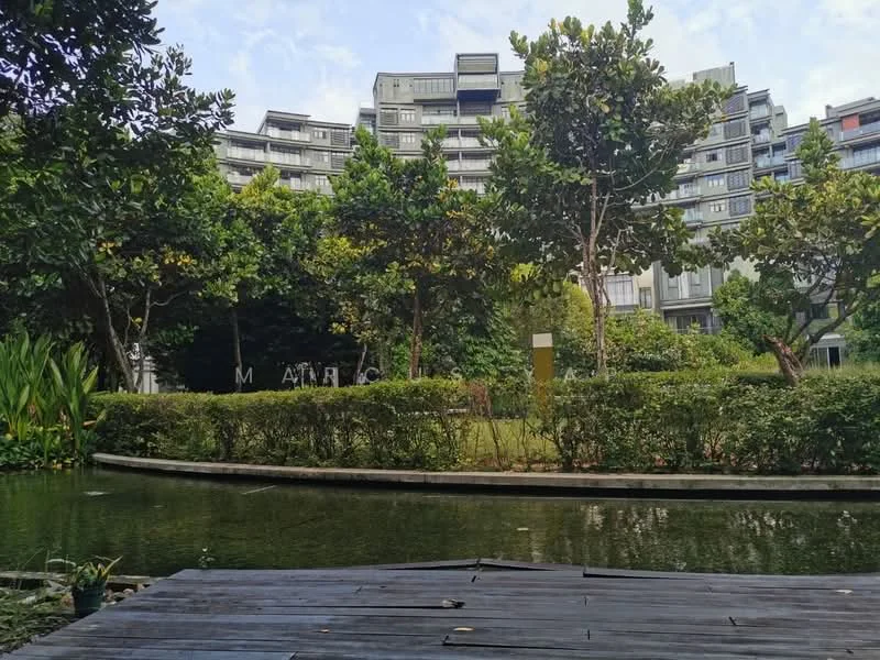 Exterior type: mid-rise condominium; features: landscaped garden, mature trees, water feature, wooden deck, manicured lawn, surrounding greenery; style: modern.