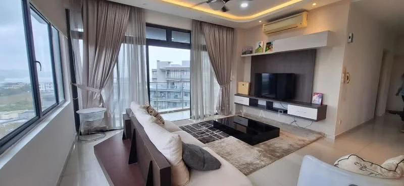 Living features: floor-to-ceiling windows, light grey curtains, cream painted walls, recessed downlights, sofa with cushions, coffee table with black surface, area rug with geometric pattern, TV console with wall-mounted TV, wooden shelving unit, air conditioning unit; style: modern; view: city.
