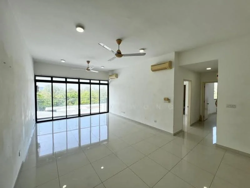 Living features: white painted walls, glossy ceramic tile flooring, 5-blade ceiling fan with light, 2 wall-mounted split AC units, floor-to-ceiling windows, natural light from large windows, recessed downlights, open layout; style: modern; view: garden.