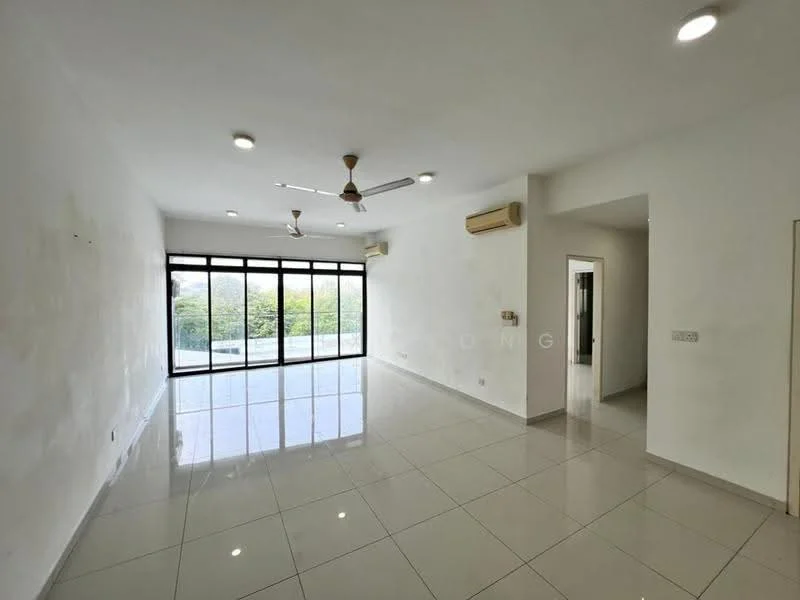 Living features: white painted walls, glossy ceramic tile flooring, 5-blade ceiling fan with light, 2 wall-mounted split AC units, floor-to-ceiling windows, sliding glass door, natural light from windows, recessed downlights; style: modern; view: garden.