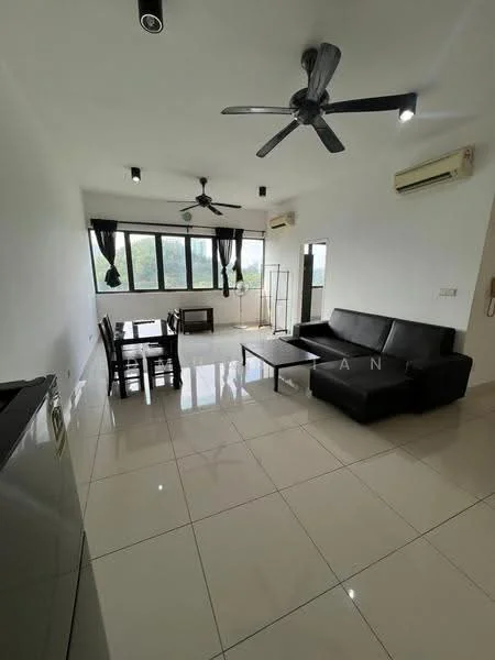 Living features: 3-seater black leather sofa, glass coffee table, 4-seater dining table, floor-to-ceiling windows, black curtains, 2 ceiling fans, white painted walls, glossy tile flooring, air conditioning unit; style: modern; view: city.