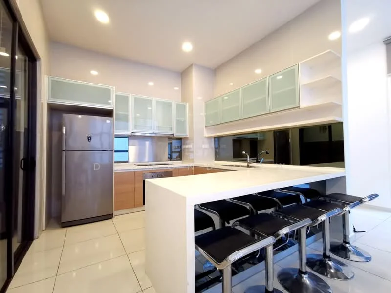 Kitchen features: white quartz countertop, kitchen island with seating, stainless-steel fridge, built-in oven, ceramic tile flooring, white cabinetry with glass fronts, under-cabinet lighting, double-bowl stainless-steel sink, chrome pull-down faucet, open shelving, recessed downlights, sliding glass door, pantry cabinet; style: modern.
