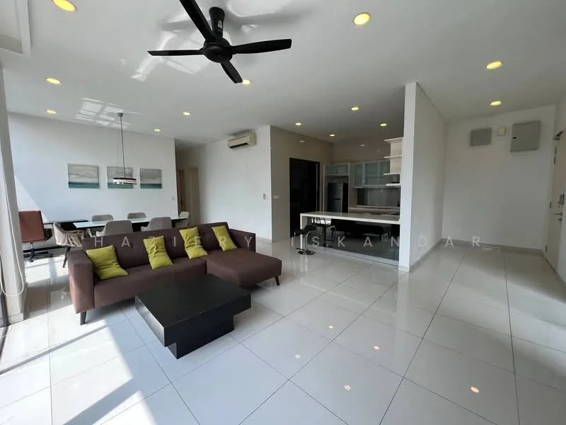 Living features: 3-seater fabric sofa in brown, coffee table, 5-blade ceiling fan with light, white painted walls, glossy tile flooring, floor-to-ceiling windows, area rug with geometric pattern, decorative cushions in green, dining table with 6 chairs, open kitchen layout; style: modern; view: city. Kitchen features: kitchen island, stainless-steel appliances, white cabinetry, granite countertop, built-in oven, freestanding range oven, microwave, open shelving; style: modern.