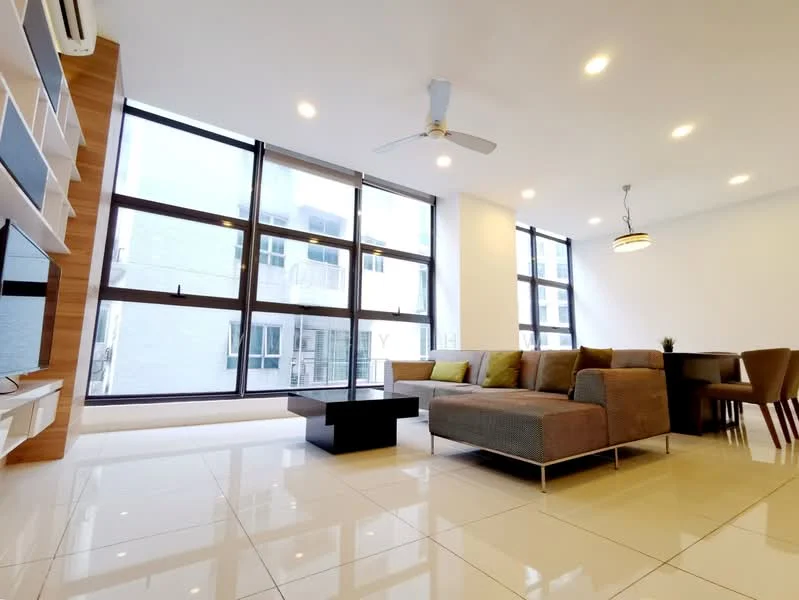 Living features: large floor-to-ceiling windows, 3-seater fabric sofa in grey, coffee table, TV console, wall-mounted TV, recessed LED downlights, ceiling fan, polished ceramic tile flooring, dining table with chairs, decorative pendant light; style: modern.
