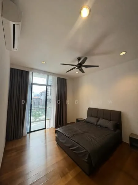Bedroom features: king-size bed with grey bedding, 2 bedside tables, 5-blade ceiling fan with light, wall-mounted split AC, floor-to-ceiling windows, sheer curtains, dark grey curtains, wooden flooring, recessed downlights, neutral painted walls; style: modern; view: city.