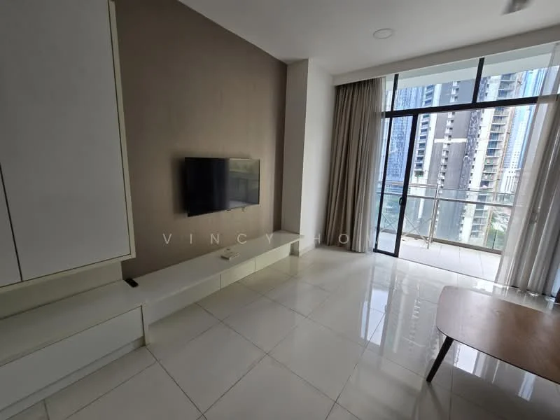 Living features: white painted walls, glossy tile flooring, floor-to-ceiling windows, sliding glass door, curtains, wall-mounted TV, TV console, coffee table, balcony view; style: modern; view: city.