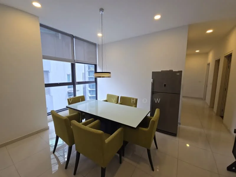 Dining features: glass dining table, 6 upholstered dining chairs in green, pendant light fixture, floor-to-ceiling windows, white painted walls, glossy tile flooring, refrigerator, neutral decor; style: modern. Room features: white painted walls, glossy tile flooring, doorways leading to other rooms.