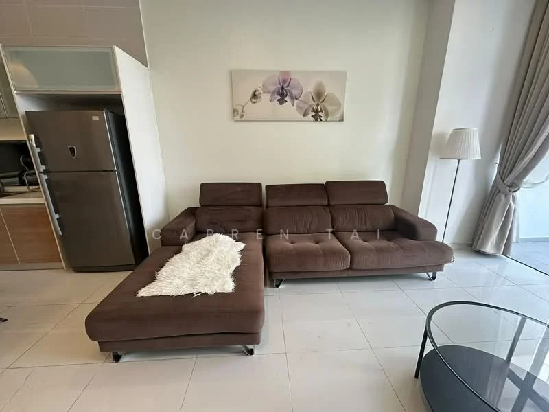 Living features: brown fabric sectional sofa, white throw blanket, glass coffee table, floor-to-ceiling windows, curtains, light-colored walls, tile flooring, framed artwork with floral design, recessed lighting; style: modern.