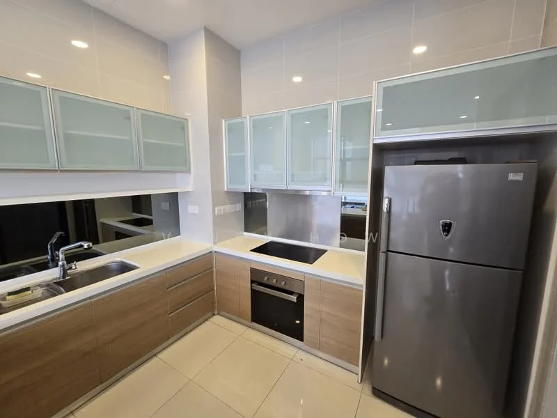 Kitchen features: single-bowl stainless-steel sink, chrome pull-down faucet, grey cabinetry with glass-front upper cabinets, white countertop, built-in induction hob, built-in oven, stainless-steel fridge, ceramic tile flooring, white tiled backsplash, recessed downlights, open shelving, mirror behind countertop; style: modern.