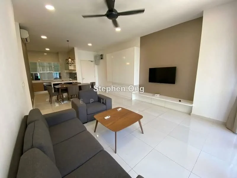 Living features: 3-seater fabric sofa in grey, 2-seater fabric sofa in grey, wooden coffee table, wall-mounted TV, white painted walls, cream tiled flooring, ceiling fan, recessed LED downlights, built-in cabinetry, large windows with sheer curtains; style: modern. Kitchen features: open-plan layout, kitchen island, white cabinetry, stainless-steel appliances, granite countertop, backsplash with tile cladding, recessed lighting; style: modern.