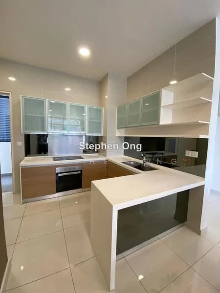 Kitchen features: white quartz countertop, brown wooden cabinetry, glass-front upper cabinets, built-in oven, stainless-steel sink, chrome pull-down faucet, ceramic tile flooring, white tiled backsplash, recessed downlights, open shelving, integrated refrigerator, sliding window, modern design; style: modern.