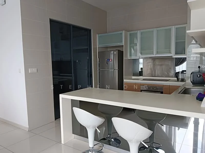 Kitchen features: white quartz countertop, stainless-steel fridge, built-in oven, freestanding range oven, white cabinetry with glass-front upper cabinets, single-bowl stainless-steel sink, chrome pull-down faucet, ceramic tile flooring, recessed downlights, open shelving, bar stools, black sliding glass door; style: modern.