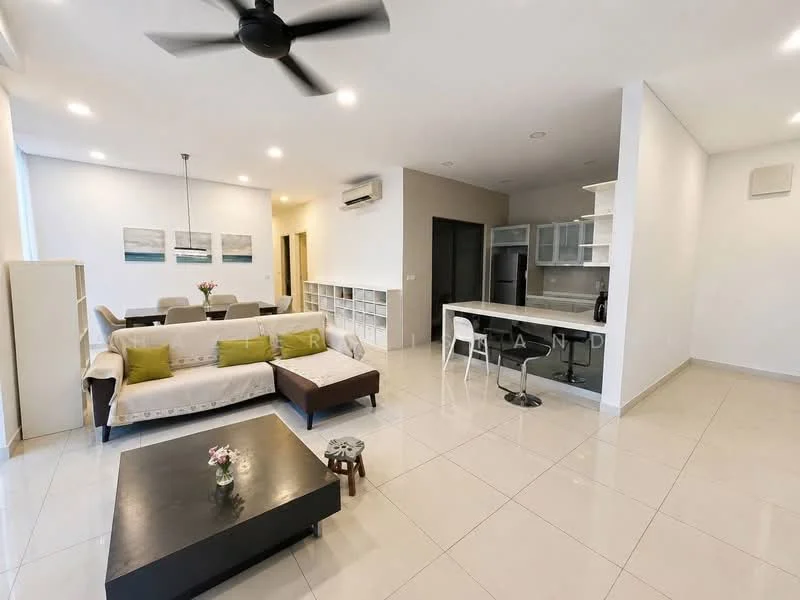Living features: 3-seater fabric sofa in cream, 2-seater fabric sofa in beige, coffee table in dark wood, ceiling fan with light, wall-mounted air conditioning unit, tile flooring, white painted walls, decorative artwork on walls, open shelving unit, dining table with white chairs, kitchen island with bar stools; style: modern. Kitchen features: white cabinetry, stainless-steel sink, built-in oven, ceramic cooktop, microwave, open shelving, countertop with bar seating; style: modern.