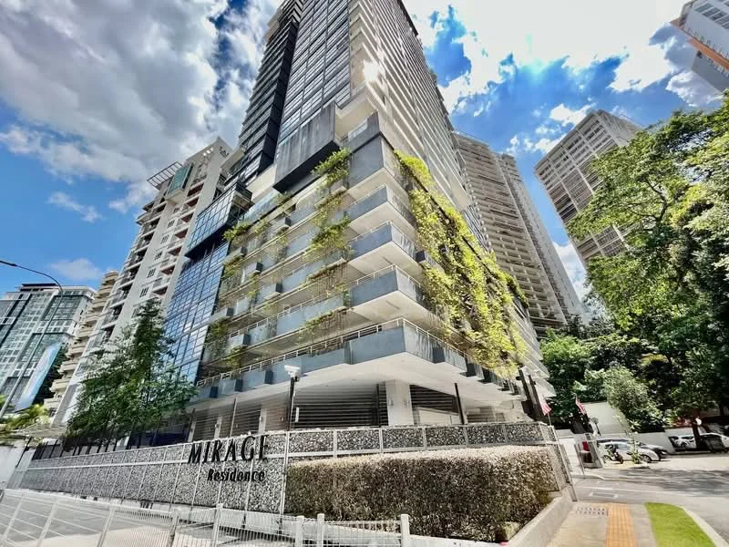 Exterior type: high-rise condominium; features: glass curtain wall, greenery on balconies, white painted facade, recessed balconies, feature lighting, manicured landscaping, surrounded by mature trees, modern architectural design; style: modern.