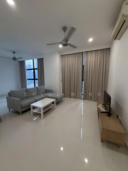 Living features: 3-seater fabric sofa in light grey, coffee table, TV console, wall-mounted TV, floor-to-ceiling windows, sheer curtains, light-coloured walls, polished tile flooring, ceiling fan with light, air conditioning unit, decorative items on TV console; style: modern; view: city.