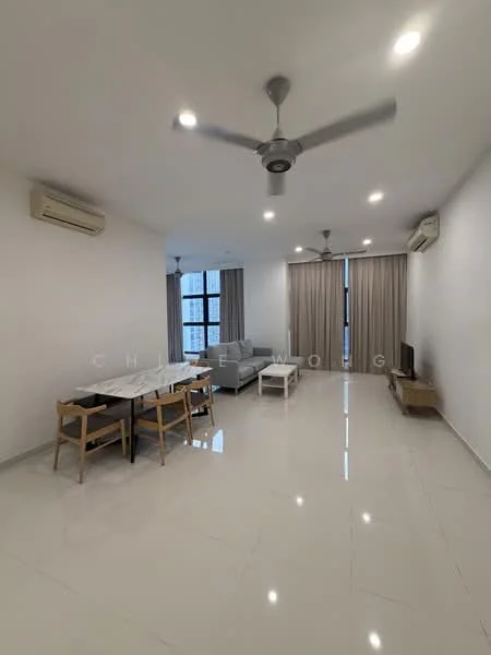 Living features: white painted walls, polished ceramic tile flooring, 3-blade ceiling fan with light, 2 wall-mounted split AC units, sofa in light grey fabric, coffee table with marble top, TV console, wall-mounted TV, floor-to-ceiling windows with sheer curtains, dining table with 4 chairs; style: modern; view: city.