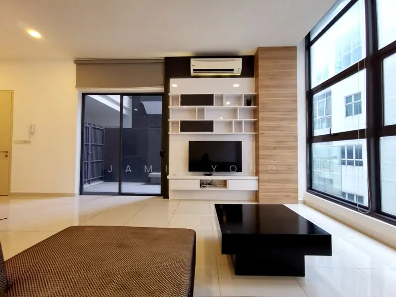 Living features: large floor-to-ceiling windows, black coffee table, white TV console, wood panel feature wall, wall-mounted TV, air conditioning unit, cream tiled flooring, roller blinds, open layout to balcony, decorative shelving; style: modern.