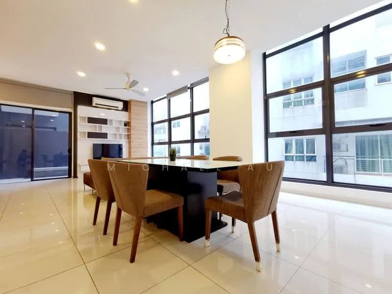 Dining features: 6-seater dining table, upholstered dining chairs, pendant lamp, 5-blade ceiling fan, floor-to-ceiling windows, white walls, glossy tile flooring, built-in shelving unit, air conditioning unit; style: modern.