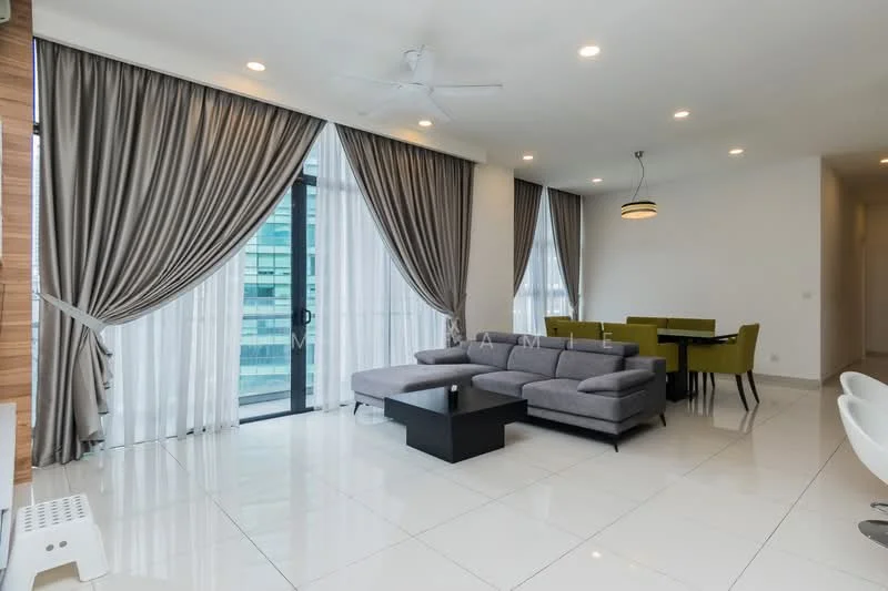 Living features: grey fabric L-shape sectional sofa, black coffee table, floor-to-ceiling windows, sheer curtains, dark wood dining table, green upholstered dining chairs, white tiled flooring, ceiling fan with light, recessed downlights, decorative pendant light; style: modern; view: city.