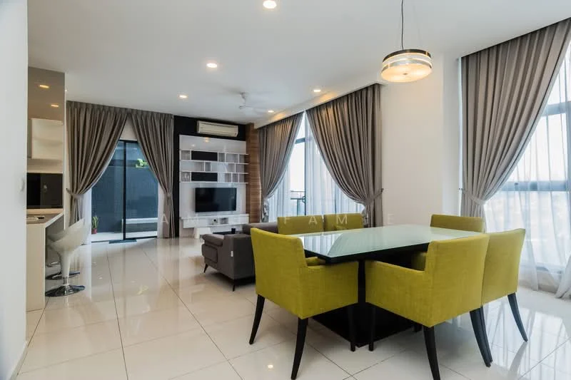 Living features: white painted walls, glossy tile flooring, 5-blade ceiling fan with light, large windows with sheer curtains, grey fabric sofa, glass-top dining table, 4 upholstered dining chairs in green, built-in shelving unit, air conditioning unit, decorative pendant light; style: modern.
