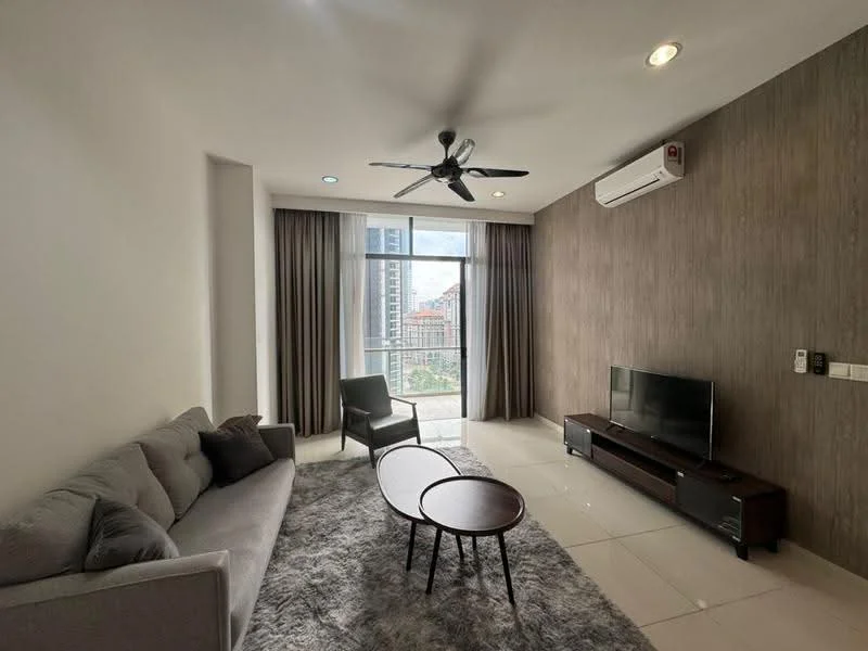 Living features: 3-seater fabric sofa in grey, coffee table, TV console, wall-mounted TV, area rug with geometric pattern, 5-blade ceiling fan with light, recessed downlights, floor-to-ceiling windows, curtains, air conditioning unit, wood accent wall, white tiled flooring; style: modern; view: city.