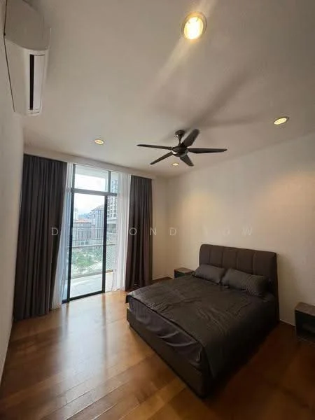 Bedroom features: king-size bed, upholstered headboard, 2 bedside tables, 5-blade ceiling fan with light, floor-to-ceiling windows, sheer curtains, dark wood flooring, recessed downlights, wall-mounted split AC; style: modern; view: garden.