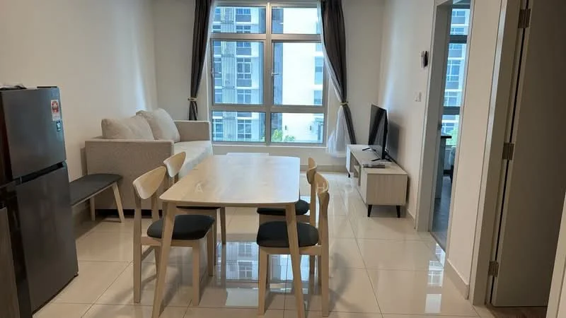 Living features: 3-seater fabric sofa in light grey, wooden dining table with 4 chairs, flat-screen TV on a low-profile TV console, floor-to-ceiling windows, grey curtains, ceramic tile flooring, refrigerator, neutral painted walls, light fixtures on ceiling; style: modern.