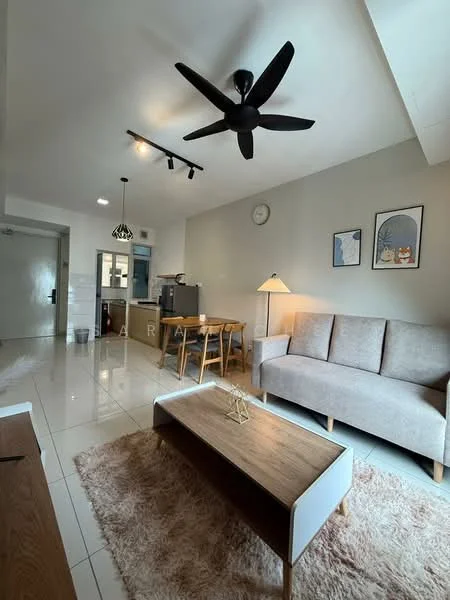 Living features: 3-seater fabric sofa in light grey, wooden coffee table, area rug with fluffy texture, ceiling fan with 5 blades, recessed LED downlights, wall clock, framed artwork on walls, dining table with 4 chairs, lampshade floor lamp; style: modern.