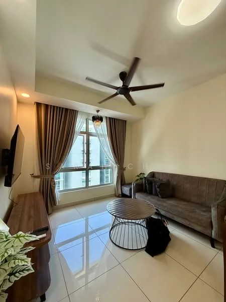 Living features: 3-seater fabric sofa in brown, round coffee table with wireframe base, wall-mounted TV, floor-to-ceiling window, sheer curtains, dark wood console table, white painted walls, polished ceramic tile flooring, ceiling fan with 3 blades, decorative plant in ceramic pot; style: modern; view: city.