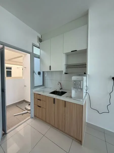 Kitchen features: white upper cabinets, wood lower cabinets, marble countertop, single-bowl stainless-steel sink, chrome pull-down faucet, built-in water dispenser, tile backsplash, ceramic tile flooring, recessed lighting; style: modern. Laundry features: utility area, window for natural light, plumbing visible, tile flooring.