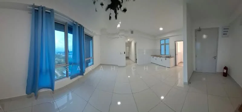 Living features: white painted walls, glossy ceramic tile flooring, floor-to-ceiling windows, blue sheer curtains, recessed downlights, open layout, kitchenette area with countertop, fire extinguisher, air conditioning unit; style: modern; view: city. Room features: white painted walls, glossy ceramic tile flooring, doorway leading to another room.