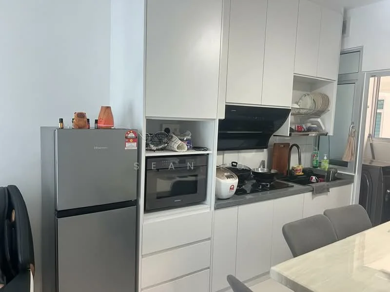 Kitchen features: grey fridge, built-in oven, microwave, black glass cooktop, white cabinetry, white countertop, sink, kitchen utensils on countertop, dish rack, window, wall-mounted extractor hood; style: modern.