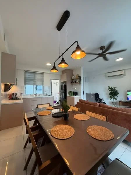 Dining features: wood dining table, 4 dining chairs, pendant lighting with three bulbs, ceiling fan, decorative placemats, wall-mounted TV, open shelving unit, refrigerator, kitchen cabinetry, white tiled flooring, kitchen countertop, window with blinds; style: modern. Living features: fabric sofa, coffee table, TV console, area rug, wall-mounted TV; style: modern. Kitchen features: stainless-steel sink, kitchen cabinetry, kitchen countertop, built-in appliances, window with blinds; style: modern.