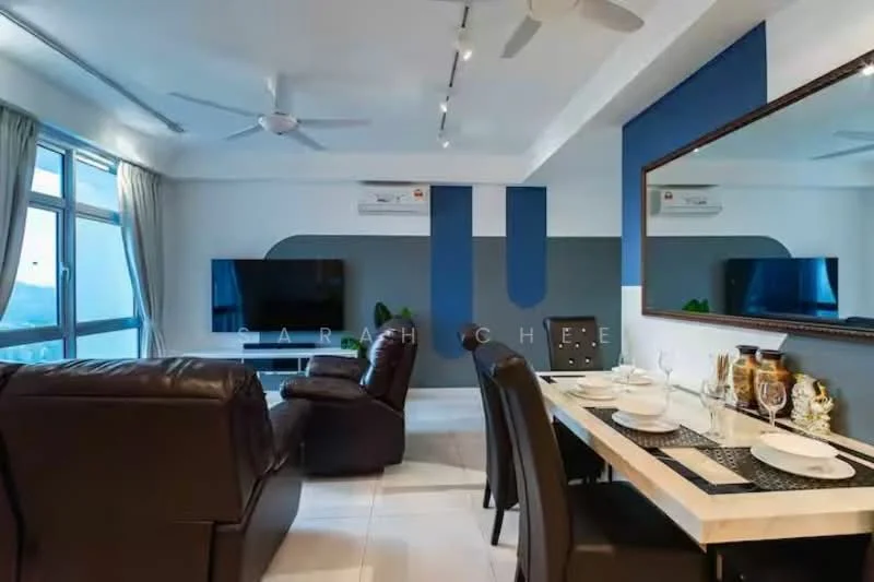 Living features: 3-seater leather sofa in dark brown, recliner chair in dark brown, coffee table, wall-mounted TV, TV console, area rug, ceiling fan, 2 wall-mounted split AC units, large windows with city view, decorative mirror, dining table with 4 chairs, table setting with glasses and cutlery; style: modern; view: city.