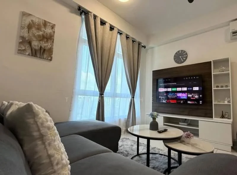 Living features: grey fabric L-shape sectional sofa, round coffee table, white TV console, wall-mounted TV, decorative wall clock, sheer curtains, dark grey area rug, wall-mounted shelving unit, framed artwork, floor-to-ceiling windows, air conditioning unit; style: modern.