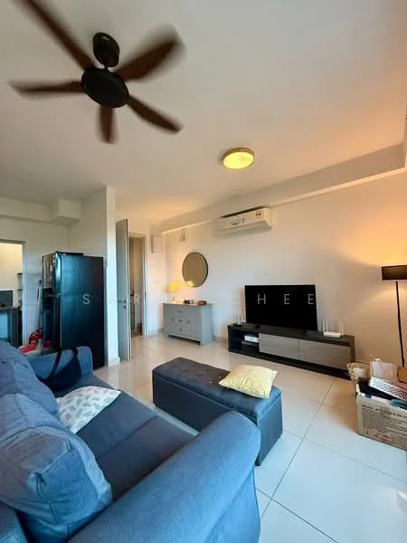 Living features: 3-seater fabric sofa in grey, coffee table, wall-mounted TV, TV console, ceiling fan, recessed downlights, floor-to-ceiling windows, white painted walls, tile flooring, decorative mirror, area rug, side table with lamp; style: modern. Kitchen features: black refrigerator, open layout, kitchen cabinets, countertop.