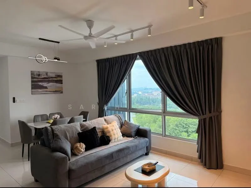 Living features: grey fabric sofa, decorative cushions, coffee table, floor-to-ceiling windows, curtains in dark grey, 5-blade ceiling fan with light, recessed downlights, area rug, wall-mounted artwork, dining table with chairs in background; style: modern; view: garden.