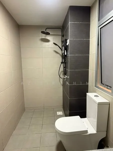 Bathroom features: walk-in shower with rain shower head, handheld shower, wall-mounted shower controls, white one-piece toilet, grey tile cladding on walls, light beige tile cladding on walls, grey ceramic tile flooring, window with frosted glass, drain in floor; style: modern.