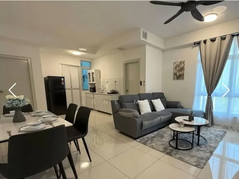 Living features: 3-seater fabric sofa in grey, coffee table, area rug with geometric pattern, wall-mounted TV, ceiling fan, floor-to-ceiling windows, curtains, decorative wall art, tile flooring, light-colored walls; style: modern; view: city. Dining features: 6-seater dining table, black dining chairs, table setting with plates and cutlery, light fixture above the table; style: modern. Kitchen features: white cabinetry, black refrigerator, built-in oven, ceramic tile backsplash, countertop with sink, stainless-steel faucet; style: modern.
