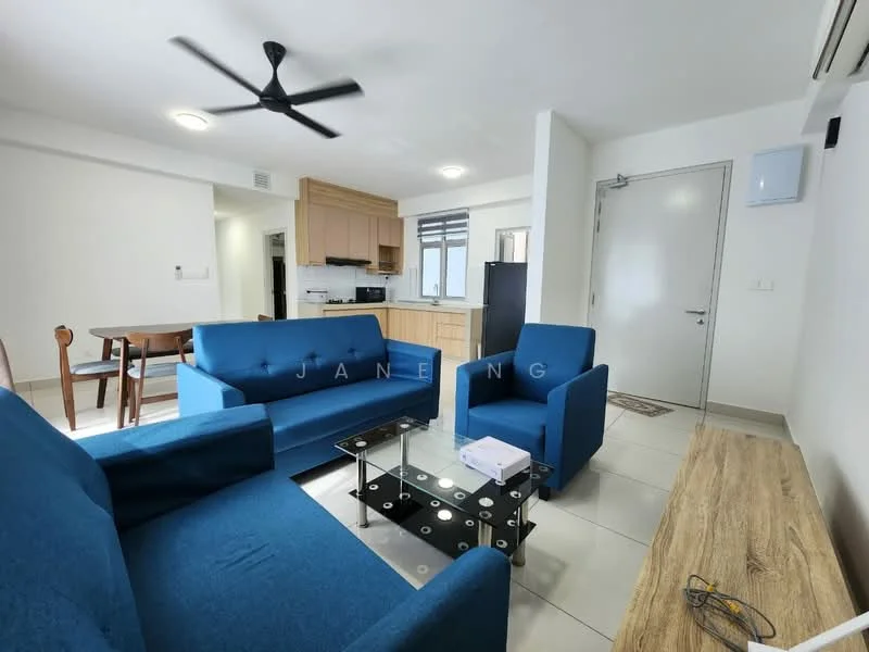 Living features: blue fabric sofa, 2-seater sofa, 3-seater sofa, glass coffee table with black and white design, wooden TV console, ceiling fan, wall-mounted air conditioning unit, tile flooring, white painted walls, natural light from windows, open layout to kitchen and dining area; style: modern. Kitchen features: wood cabinetry, white countertop, built-in oven, stainless-steel fridge, kitchen island, tile backsplash, open layout to living area; style: modern.
