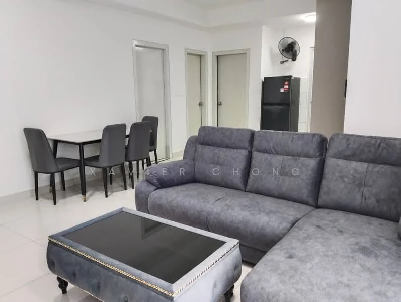 Living features: grey fabric sectional sofa, glass-top coffee table with decorative trim, white painted walls, tile flooring, recessed ceiling lights, wall-mounted air conditioning unit, floor-to-ceiling windows, dining table with four grey upholstered chairs; style: modern.