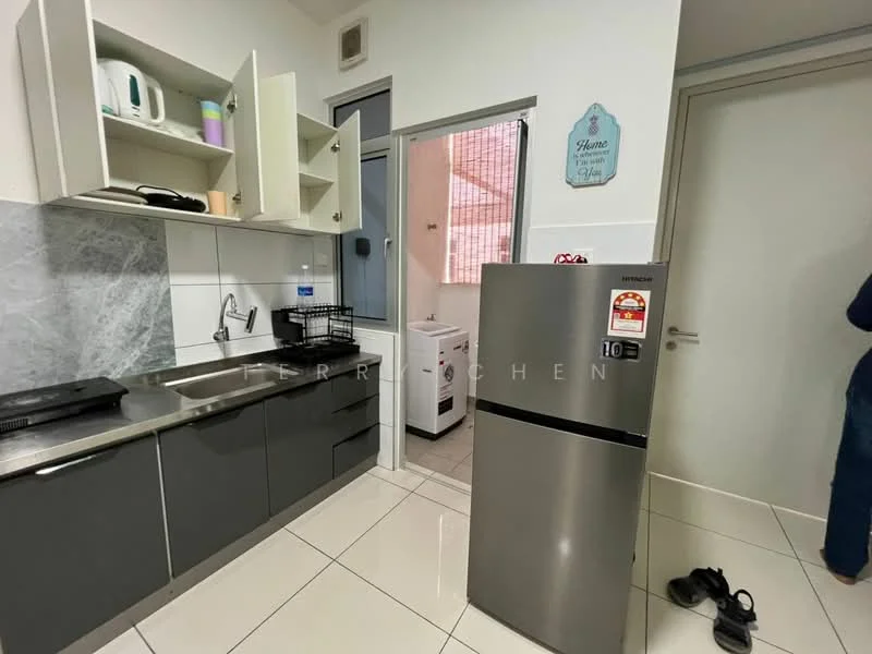 Kitchen features: grey cabinetry, white tiled backsplash, stainless-steel sink, chrome pull-down faucet, built-in oven, stainless-steel fridge, ceramic tile flooring, open shelving, microwave, kitchen utensils, black wire basket; style: modern.